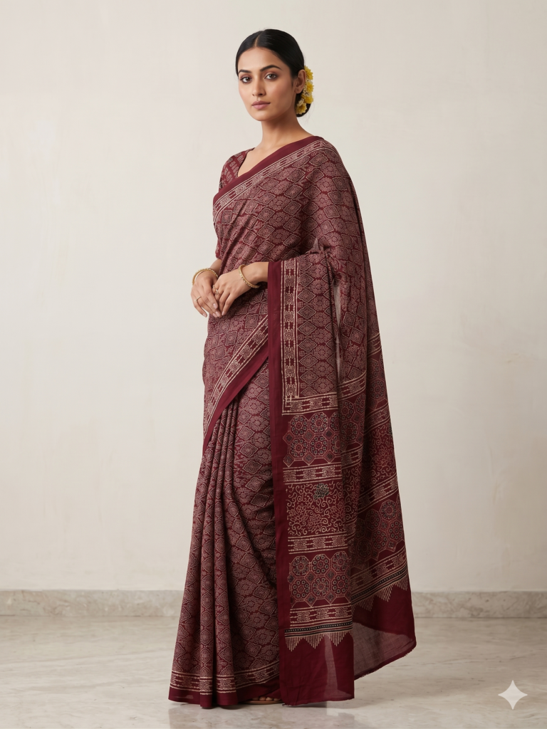 Maroon Ajrakh Print Modal Silk Saree