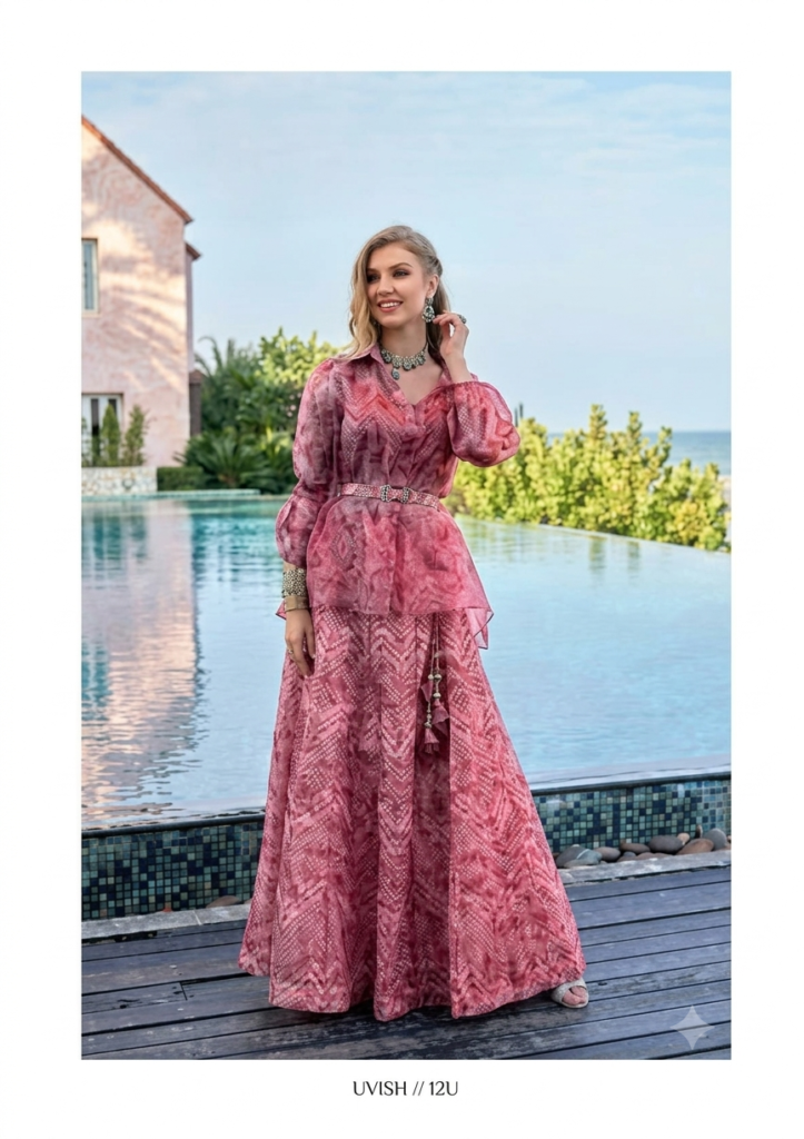 Mauve pink Organza Indo-Western Set with Khatli Work & Digital Print Skirt