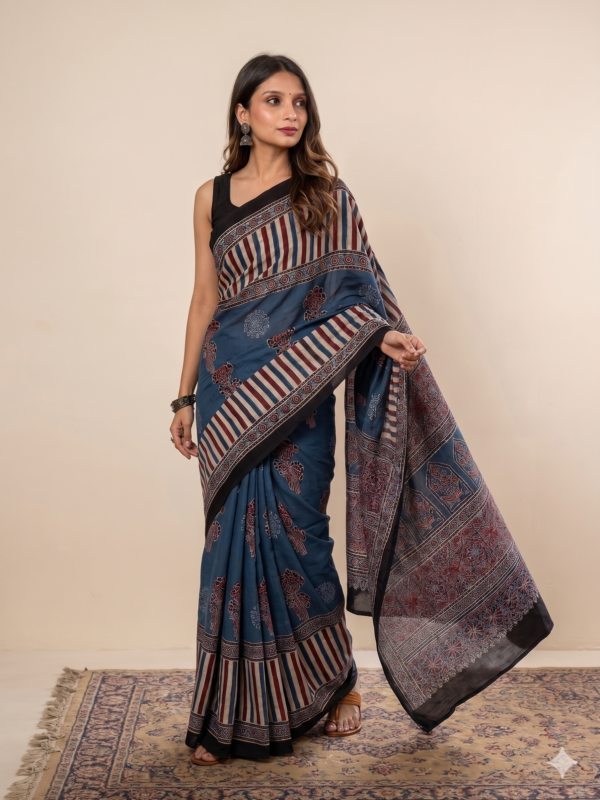 Blue Ajrakh Modal Silk Saree