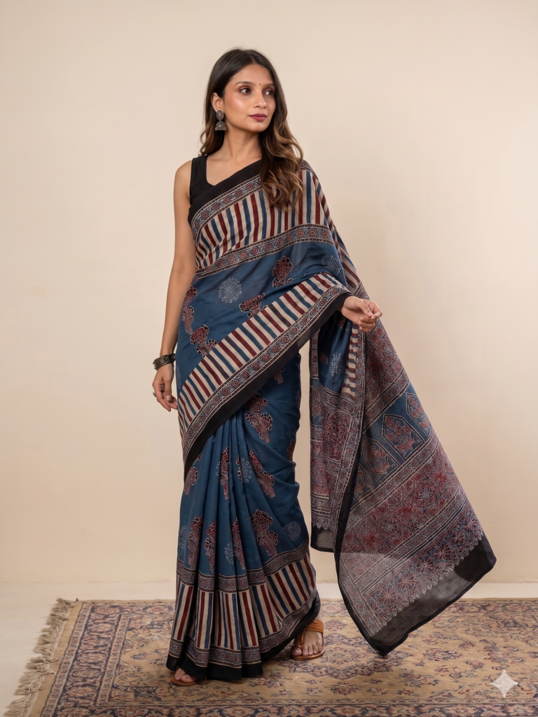 Blue Ajrakh Modal Silk Saree