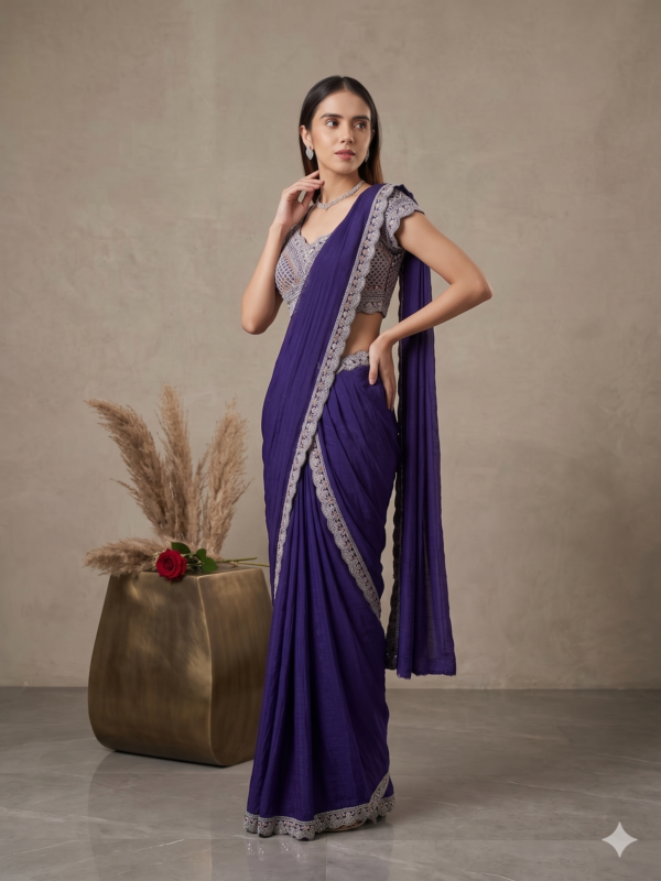 Viscose Satin Ready-to-Wear Saree with Embroidered Border & Blouse