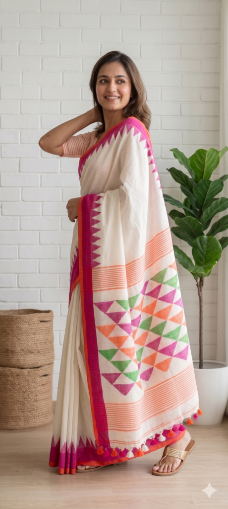 Off-White Pure Linen Saree | Multicolour Temple Woven Border
