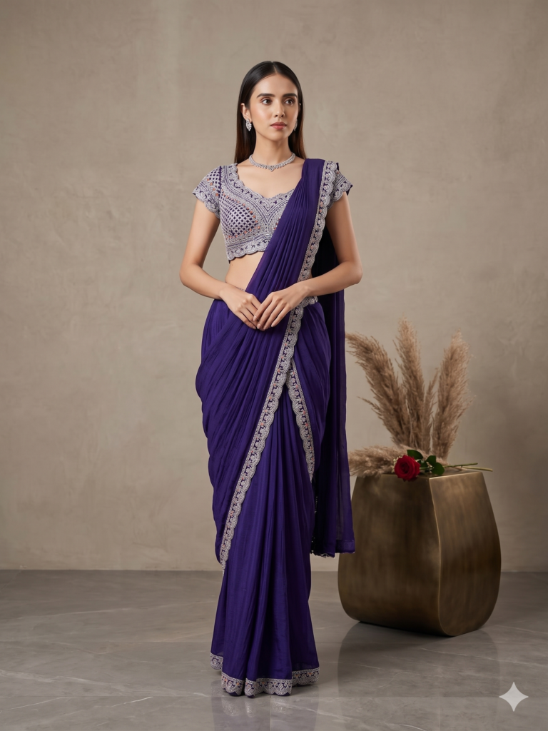 Viscose Satin Ready-to-Wear Saree with Embroidered Border & Blouse