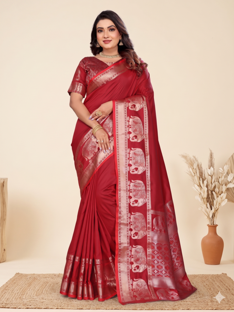 Soft Silk Self-Jacquard Ready-to-Wear Saree with Stitched Blouse