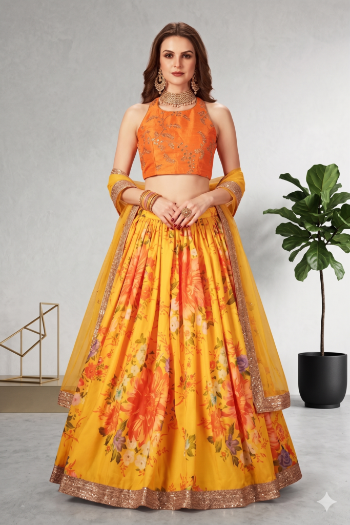 Yellow Orange Digital Floral Print Soft Organza Lehenga with Embroidered Raw Silk Blouse