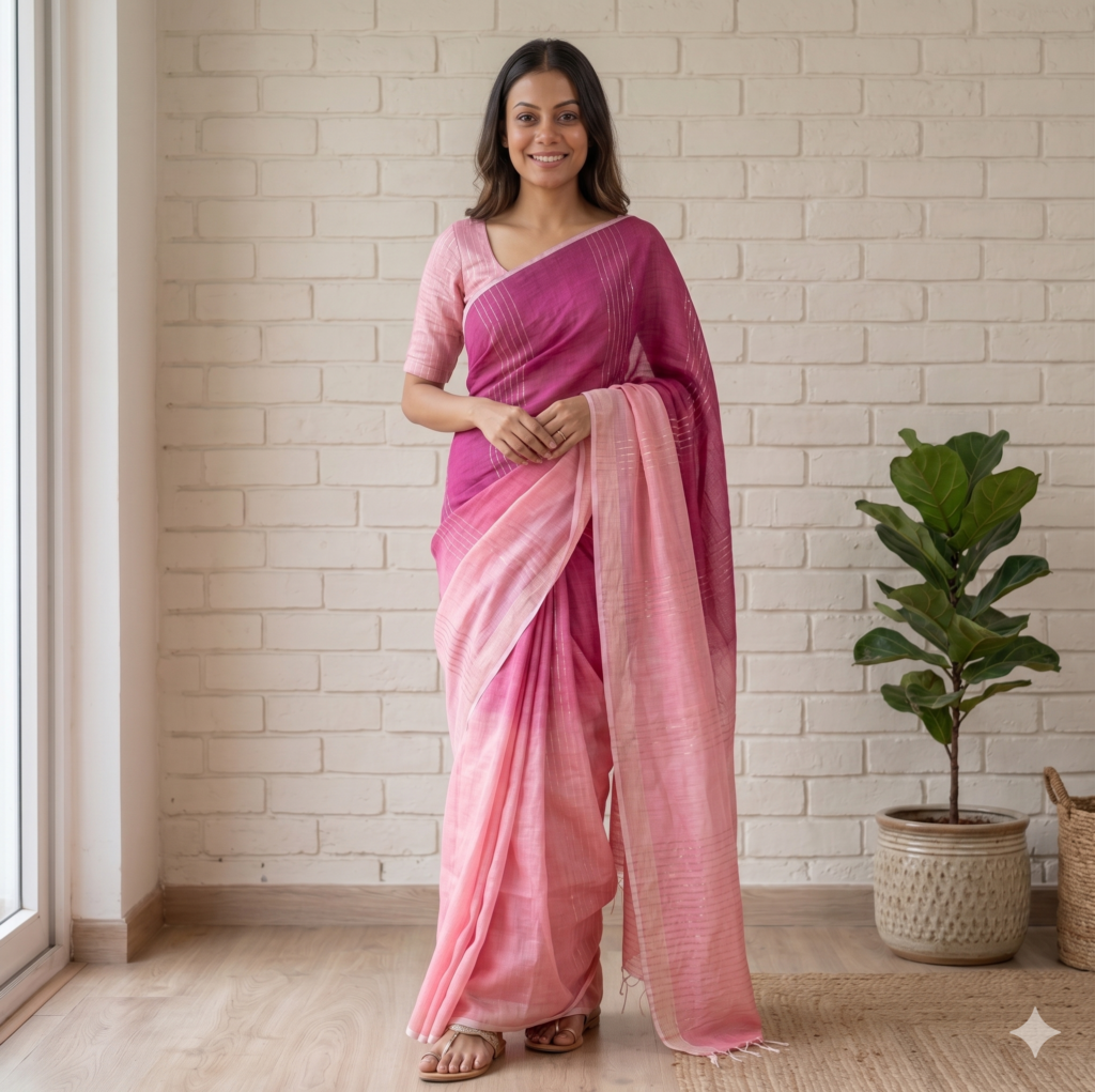Purple Peach Dual Tone Pure Linen Saree