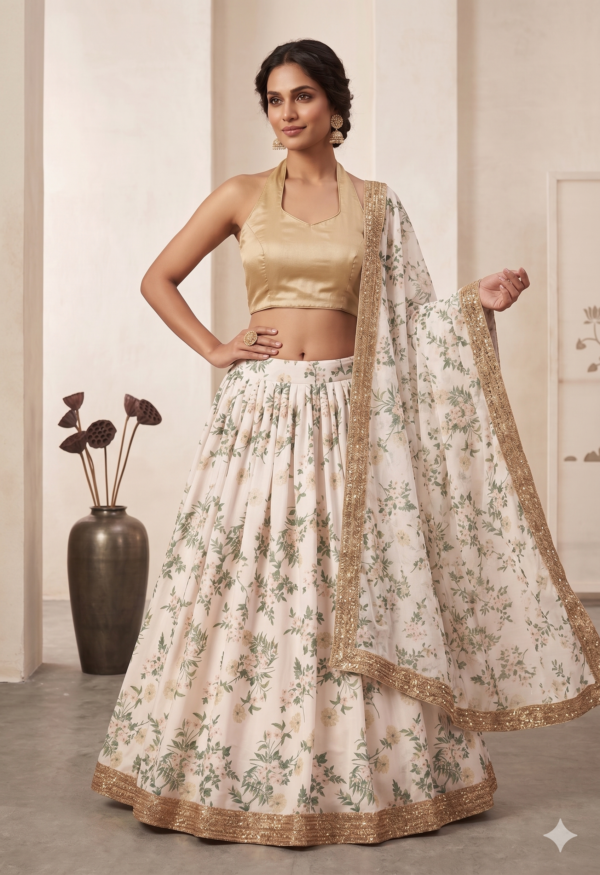White Floral Digital Print Organza Lehenga with Gold Contrast Raw Silk Blouse