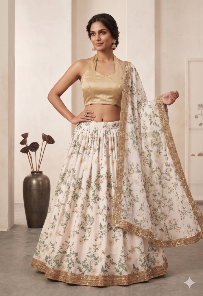 White Floral Digital Print Organza Lehenga with Gold Contrast Raw Silk Blouse