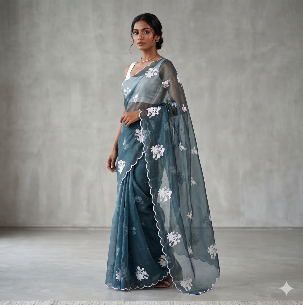Ash Grey Ready-to-Wear Saree in Net silk with White Embroidery