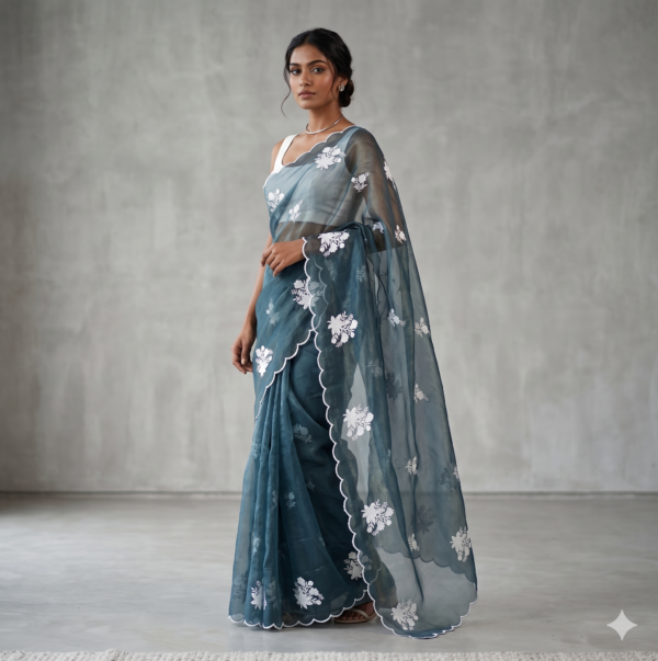Ash Grey Ready-to-Wear Saree in Net silk with White Embroidery