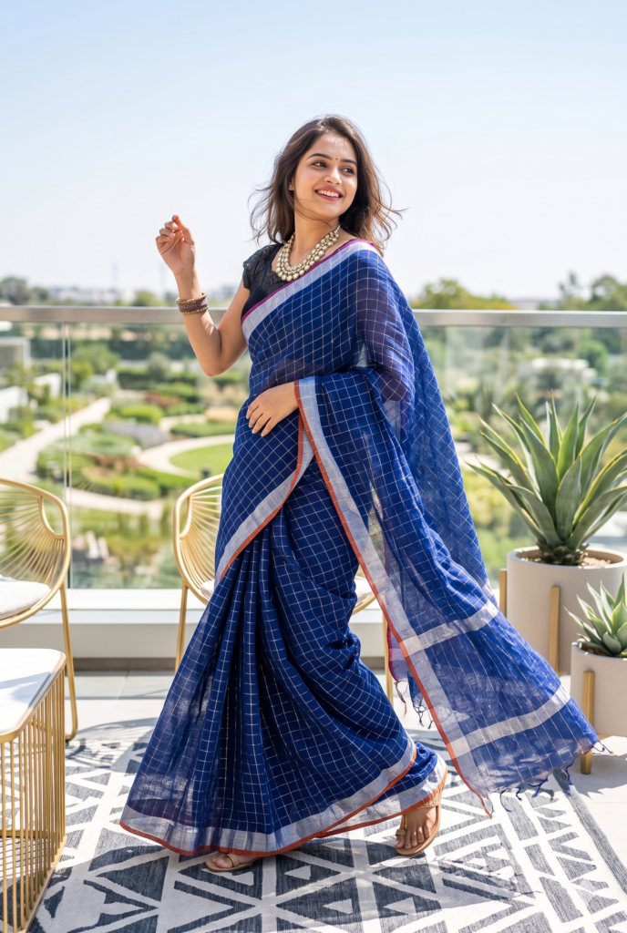 Royal Blue Pure Linen Saree | Silver Zari Woven Throughout