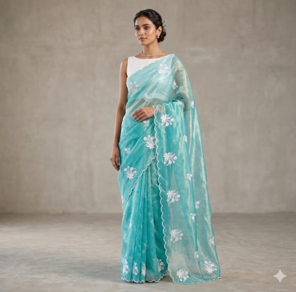 Turquoise Blue Ready-to-Wear Saree in net silk with White Embroidery