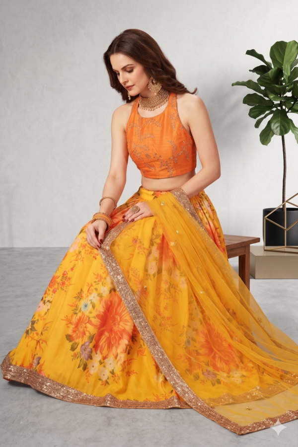 Yellow Orange Digital Floral Print Soft Organza Lehenga with Embroidered Raw Silk Blouse