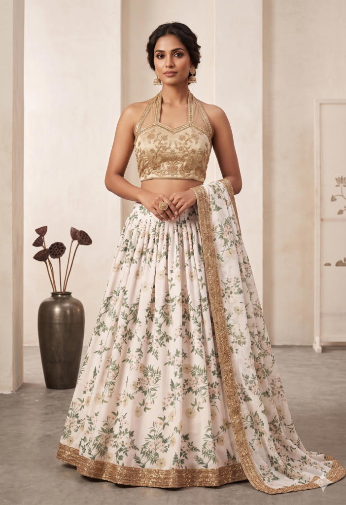 White Floral Digital Print Organza Lehenga with Gold Contrast Raw Silk Blouse