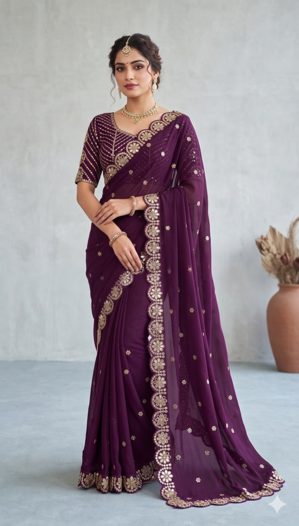 Dark Purple Ready-to-Wear Georgette Saree with Mirror Work