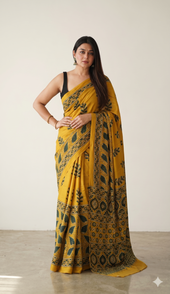 Yellow Ajrakh Print Modal Silk Saree