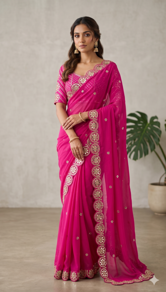 Rani Pink Ready-to-Wear Georgette Saree with Mirror Work
