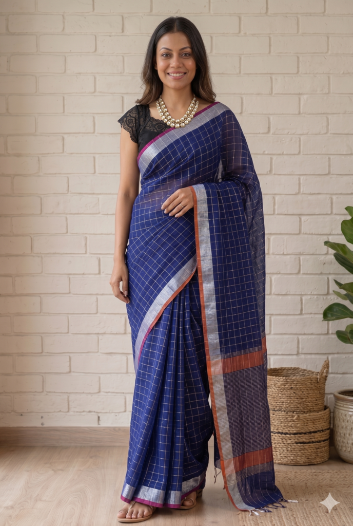 Royal Blue Pure Linen Saree | Silver Zari Woven Throughout