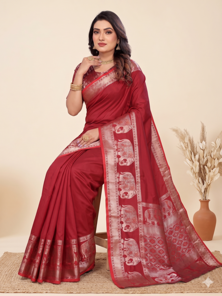 Soft Silk Self-Jacquard Ready-to-Wear Saree with Stitched Blouse