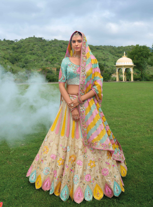 Beautiful Traditional Designer Elegant Multi color Embroidery Work Cut Work Pure Zari Silk Lehenga