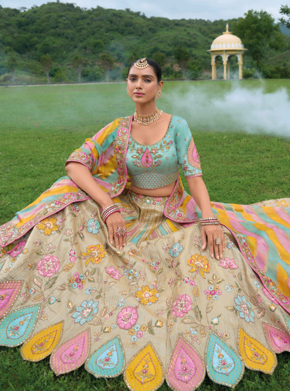 Beautiful Traditional Designer Elegant Multi color Embroidery Work Cut Work Pure Zari Silk Lehenga
