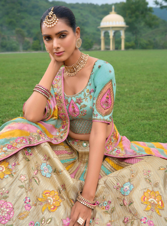Beautiful Traditional Designer Elegant Multi color Embroidery Work Cut Work Pure Zari Silk Lehenga