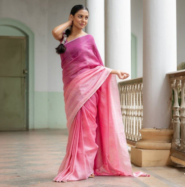 Purple Peach Dual Tone Pure Linen Saree