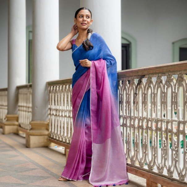 Blue Pink Dual Tone Pure Linen Saree | Zari Woven Border & Pallu
