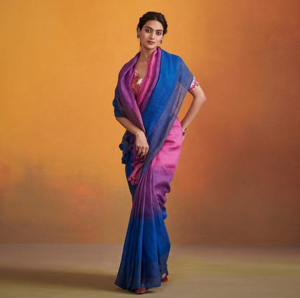 Blue Pink Dual Tone Pure Linen Saree | Zari Woven Border & Pallu