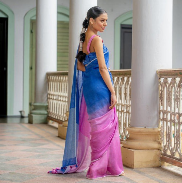 Blue Pink Dual Tone Pure Linen Saree | Zari Woven Border & Pallu