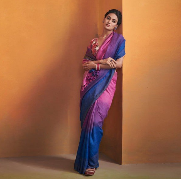 Blue Pink Dual Tone Pure Linen Saree | Zari Woven Border & Pallu