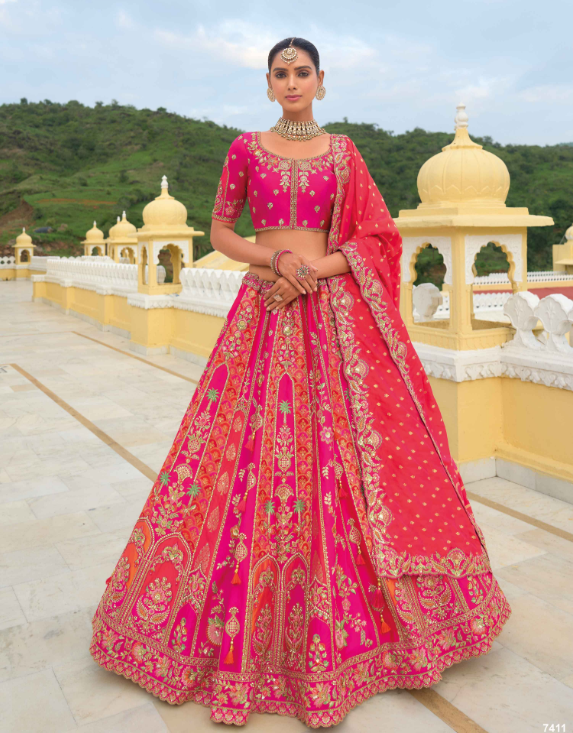 Beautiful Traditional Designer Elegant Pink Embroidery Work Cut Work Silk Lehenga
