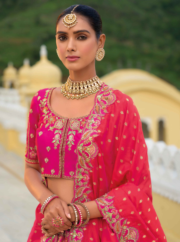 Beautiful Traditional Designer Elegant Pink Embroidery Work Cut Work Silk Lehenga