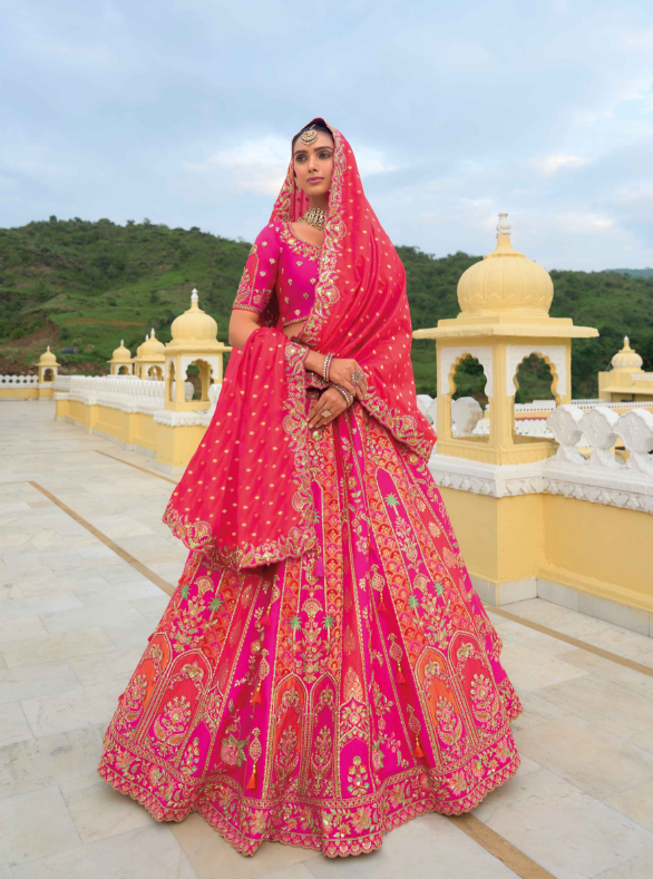 Beautiful Traditional Designer Elegant Pink Embroidery Work Cut Work Silk Lehenga