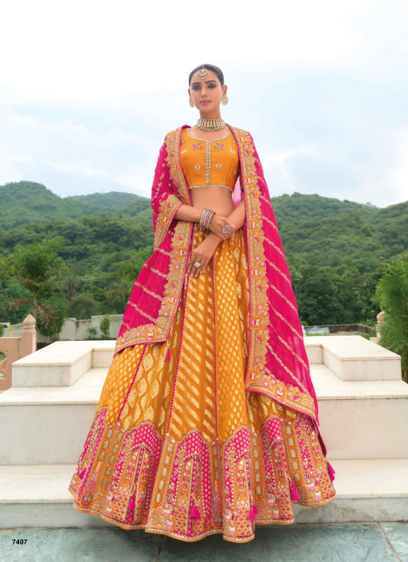 Beautiful Traditional Designer Elegant Orange Embroidery Work Cut Work Organza Silk Lehenga