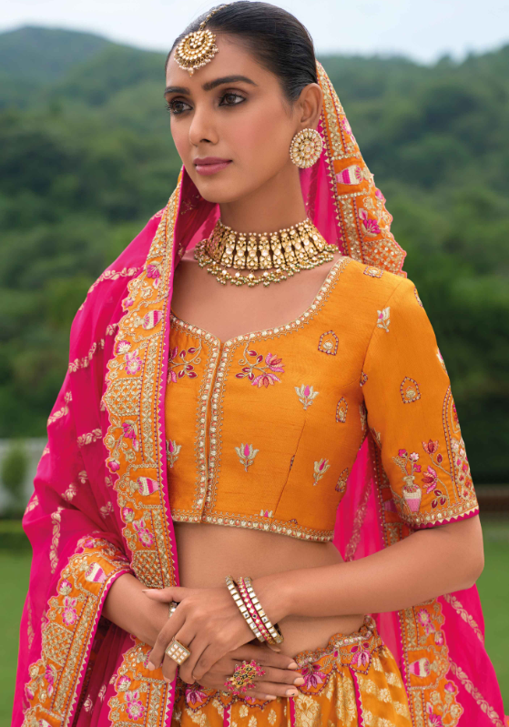 Beautiful Traditional Designer Elegant Orange Embroidery Work Cut Work Organza Silk Lehenga