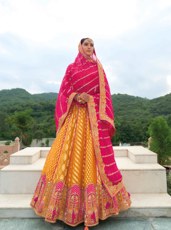Beautiful Traditional Designer Elegant Orange Embroidery Work Cut Work Organza Silk Lehenga