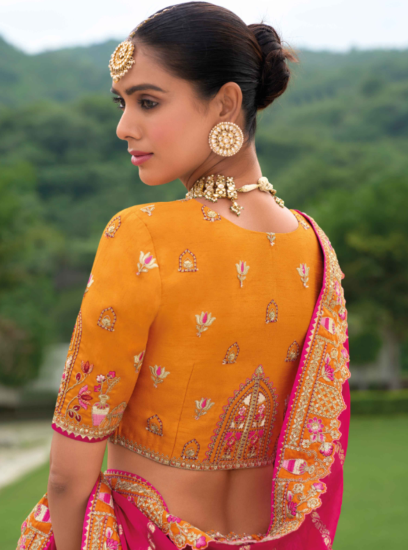 Beautiful Traditional Designer Elegant Orange Embroidery Work Cut Work Organza Silk Lehenga