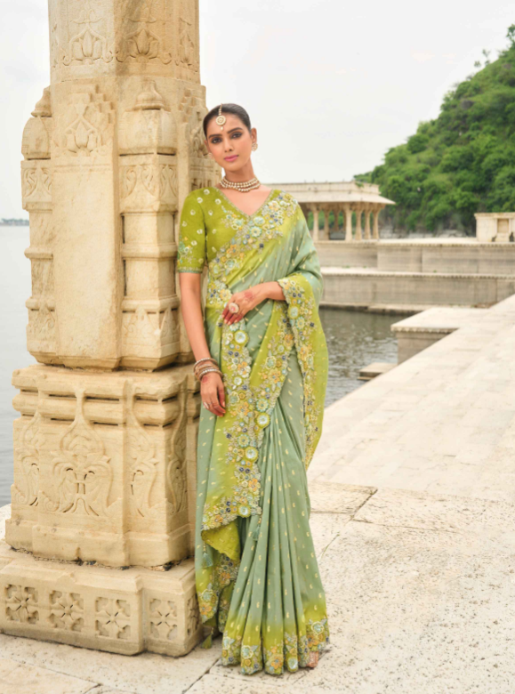 Pista Green Shaded Gadwal Silk Saree with Magenta Silk Blouse and Exquisite Handwork, Embroidery