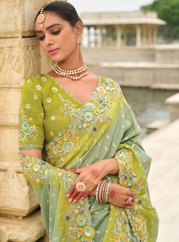Pista Green Shaded Gadwal Silk Saree with Magenta Silk Blouse and Exquisite Handwork, Embroidery