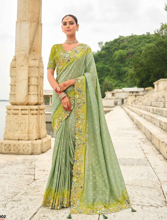 Pista Green Shaded Gadwal Silk Saree with Magenta Silk Blouse and Exquisite Handwork, Embroidery