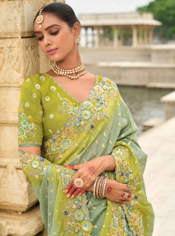 Pista Green Shaded Gadwal Silk Saree with Magenta Silk Blouse and Exquisite Handwork, Embroidery