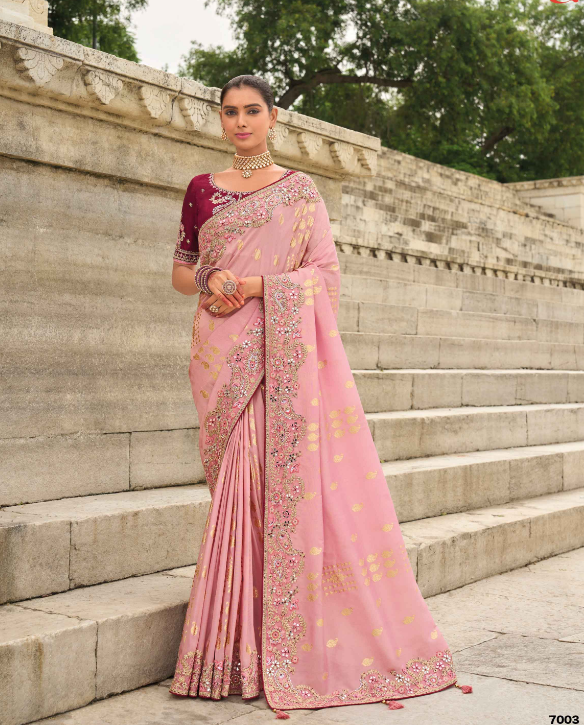 Pink Shaded Gadwal Silk Saree with Magenta Silk Blouse and Exquisite Handwork, Embroidery