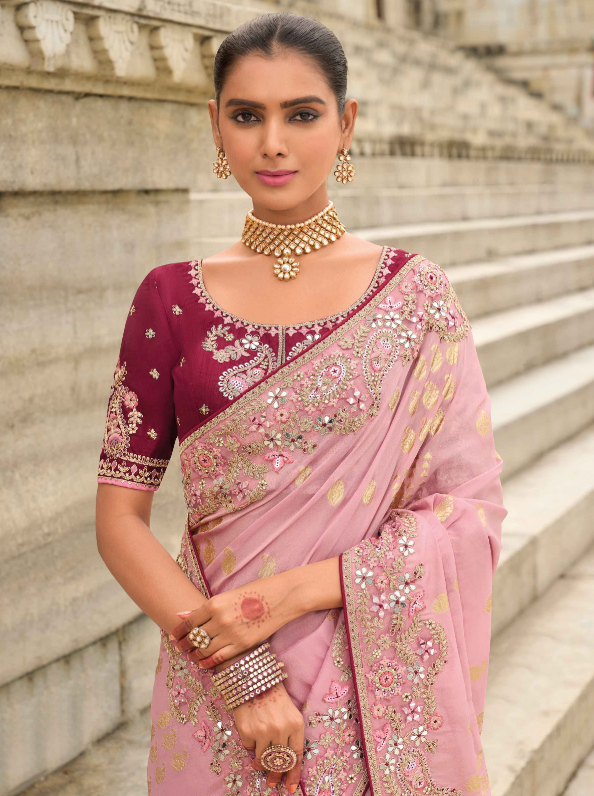 Pink Shaded Gadwal Silk Saree with Magenta Silk Blouse and Exquisite Handwork, Embroidery