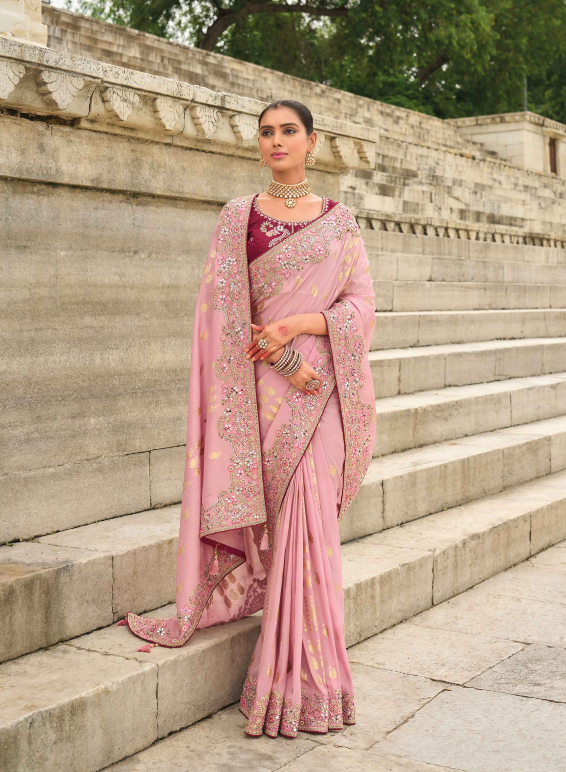 Pink Shaded Gadwal Silk Saree with Magenta Silk Blouse and Exquisite Handwork, Embroidery