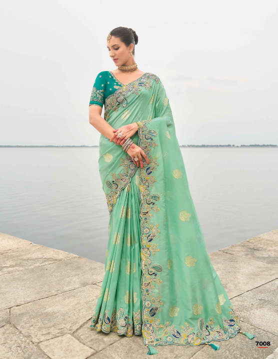 Sea Green Gadwal Silk Saree with Magenta Silk Blouse and Exquisite Handwork, Embroidery