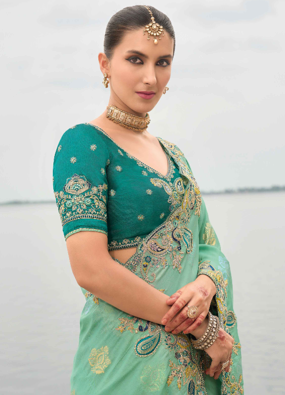 Sea Green Gadwal Silk Saree with Magenta Silk Blouse and Exquisite Handwork, Embroidery