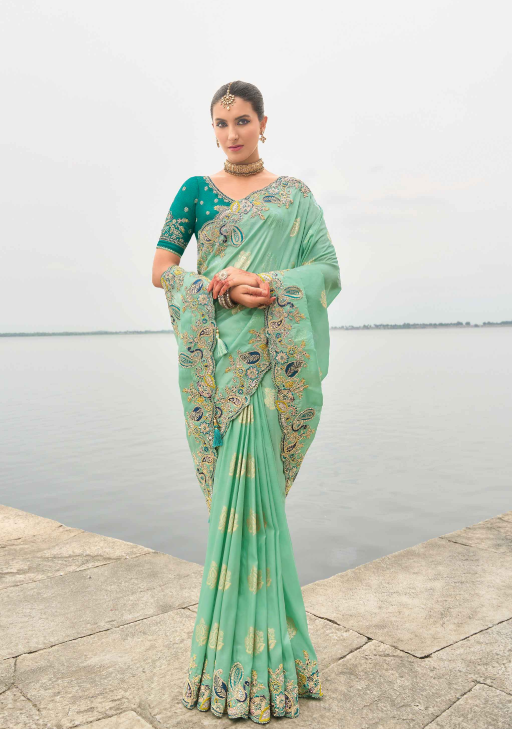 Sea Green Gadwal Silk Saree with Magenta Silk Blouse and Exquisite Handwork, Embroidery
