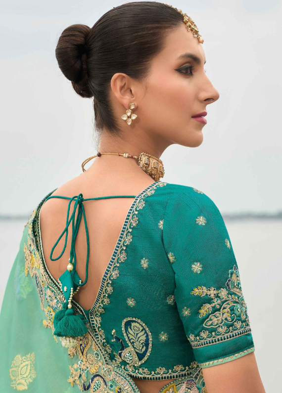 Sea Green Gadwal Silk Saree with Magenta Silk Blouse and Exquisite Handwork, Embroidery