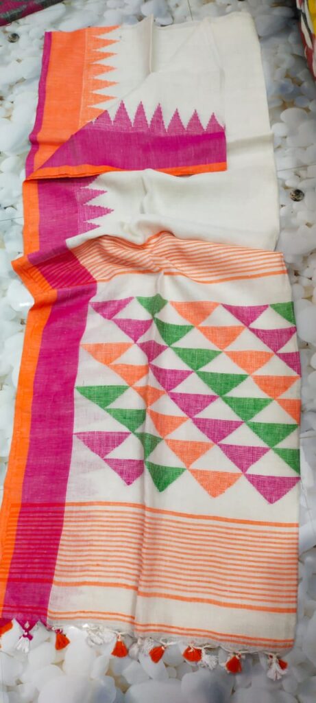 Off-White Pure Linen Saree | Multicolour Temple Woven Border